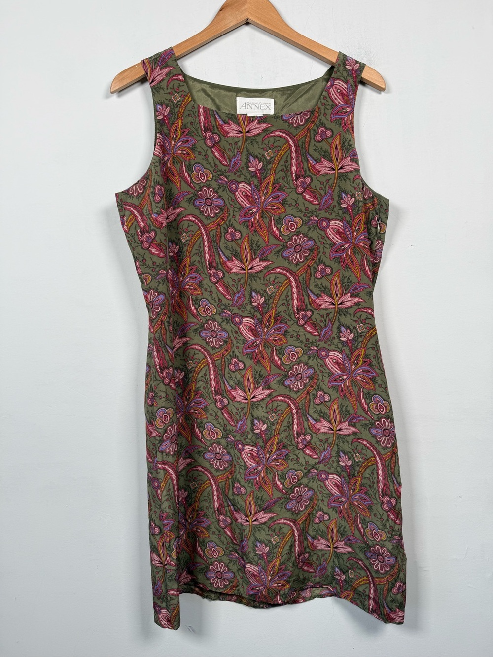 Vintage Casual Corner Annex Silk Paisley Floral Shift Dress Green Size 14
